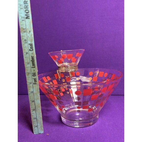 MCM Vtg Anchor Hocking 2 Tier Chip and Dip Bowl Set Geometric Red Gold - Picture 8 of 8